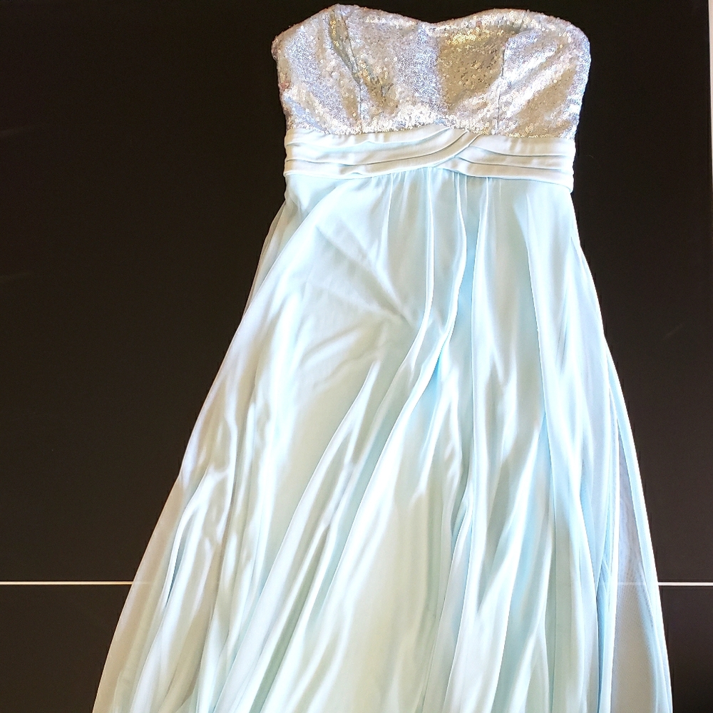 Floor length blue and silver sparkles prom dress
